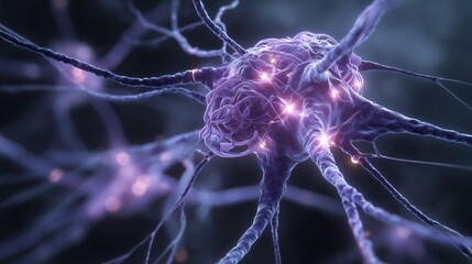 Rett Syndrome Awareness Month. Scientific illustration of brain neural networks with highlighted impaired MECP2 gene activity, glowing purple connections symbolizing Rett Syndrome