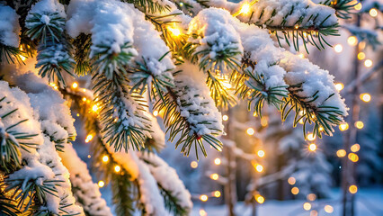 Winter snowy pine branches with twinkling fairy lights