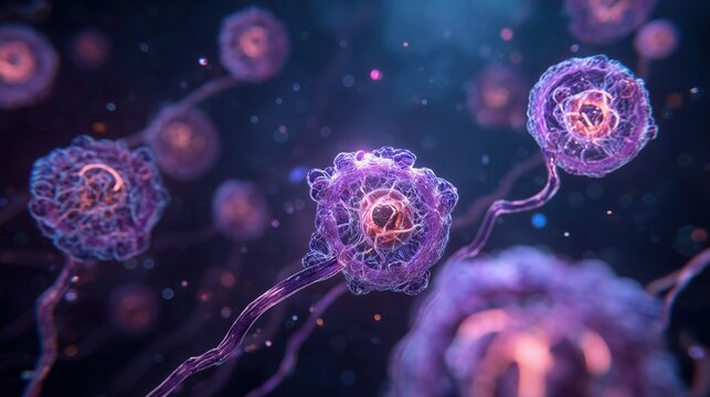 Rett Syndrome Awareness Month. Scientific diagram of neurotransmitter imbalance in Rett Syndrome, synaptic vesicles and receptors shown in detail, purple glow emphasis, research illustration - Powered by Adobe