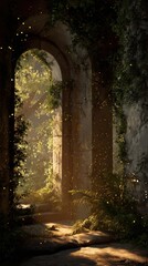 Obraz premium Sunlight filters through an ancient stone archway overgrown with lush greenery and softly falling particles.