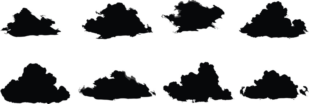 Cloud silhouette vector set, realistic black cloud shapes, stormy weather design elements, sky atmosphere clipart, abstract cloud collection