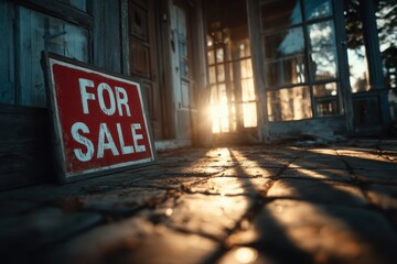 Weathered For Sale Sign in Front of Abandoned House at Sunset