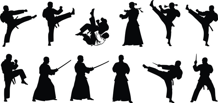 Martial arts silhouettes showing karate, judo, aikido fighters performing kicks, punches, sword techniques, self-defense moves, traditional uniforms, and training poses.