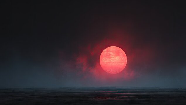 Mysterious Red Sun Setting Over a Dark and Foggy Ocean Horizon.