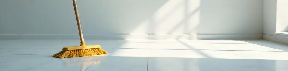 A lone broom sweeps a pristine, empty floor, leaving no trace but cleanliness  The image conveys a sense of thoroughness and spotless perfection ,  surface,  untouched,  empty