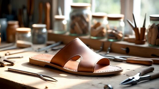 Handcrafted brown leather sandal displayed on wooden workbench surrounded by shoemaking tools and natural light from workshop window