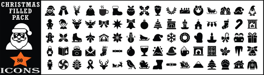 Christmas filled icon pack for festive designs, Collection of black filled Christmas icons .
