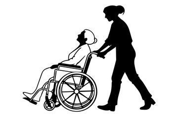 disable old woman on a wheel chair and nurse with it silhouette