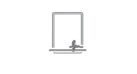 Simple Line Art Illustration of a Laptop Computer with Stylized Signature.