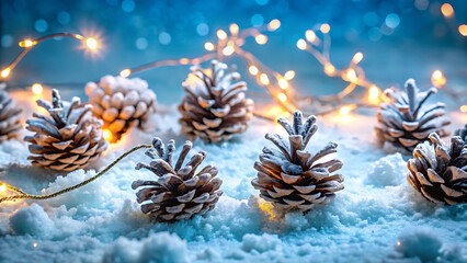 Winter snowy pinecones with fairy lights on frosty background
