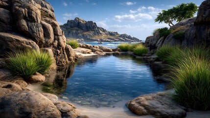 A calm tidal pool with clear reflections of rocky formations and green seaweed below the water.