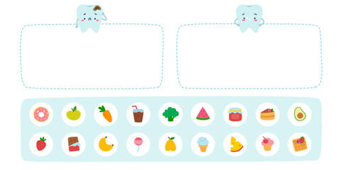 Dental mini game for kids with teeth and food. Healthy food game with cute teeth.