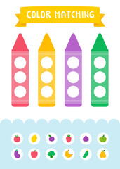Color matching game with crayons. Cartoon kids mini game with fruits and vegetables.