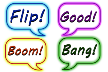 Vibrant Comic Book Style Speech Bubbles with Action Words on a Black Backdrop Design