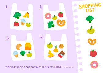 Mini game for kids with shopping bag. Cartoon food supermarket game.