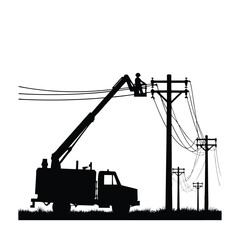 Silhouette of bucket truck and lineman repairing power lines Keywords: silhouette, bucket truck