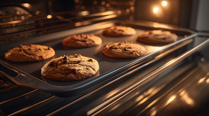 Chocolate chip cookies baking on a tray inside the oven removed background