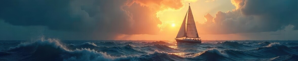 Naklejka premium A lone sailboat navigates stormy seas, representing hope and deliverance amidst adversity The dramatic lighting emphasizes the struggle and eventual triumph , hope, intense, epic