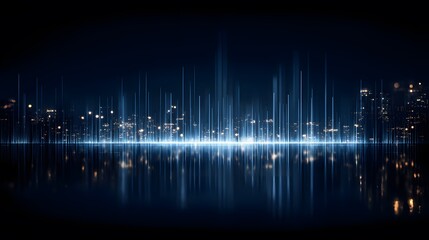 Abstract dark cityscape with glowing lights and water reflection removed background