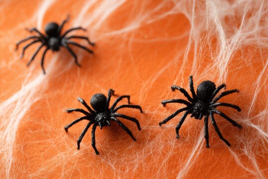 Three black plastic spiders crawling on a white spiderweb over an orange background for Halloween. - Powered by Adobe