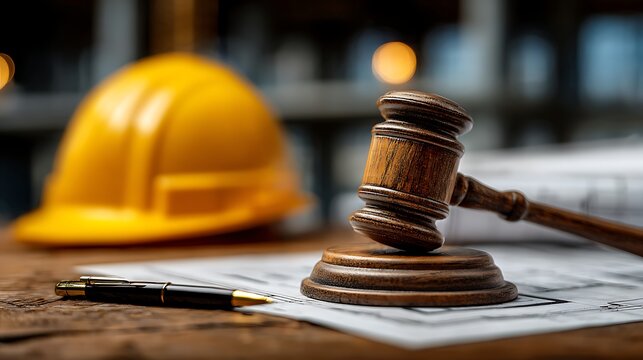 Gavel on legal documents with construction hard hat and pen symbolizing legal disputes in building industry