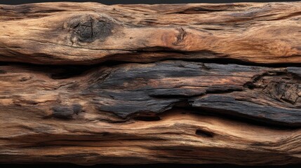A naturally weathered wooden surface with varied brown and black tones, showcasing deep cracks, irregular textures,