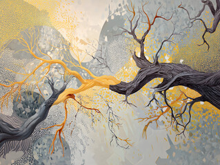 Abstract depiction of roots and tendrils flowing in earth tones, intertwining tree branches, organic shapes, dynamic movement, serene atmosphere, nature inspired art