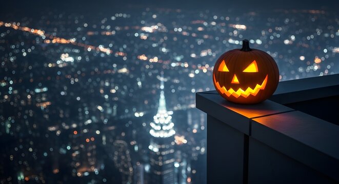 A vertigo-inducing urban horror photo of a lonely jack-o'-lantern on a skyscraper's rooftop ledge
