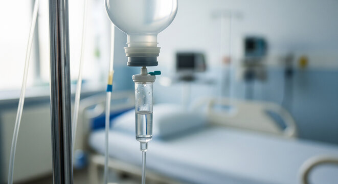 Intravenous Drip in Modern Hospital Room with Empty Bed in Background Depicting Healthcare, Treatment, and Medical Care Environment