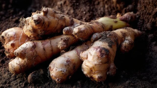 Pile of Raw Ginger Roots on Rich Brown Soil Freshly Harvested and Ready For Cooking in Natural Lighting