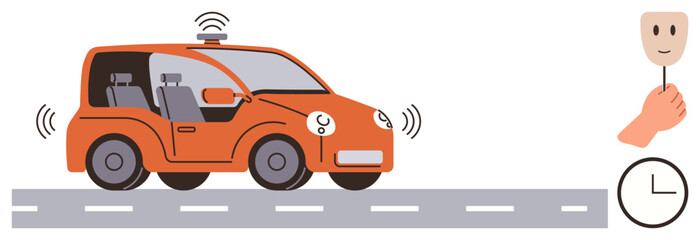 Orange self-driving car on grey road emitting signals, equipped with facial design. Hand holding human mask and clock symbolize time, human-machine interaction. Ideal for AI, autonomy, transport