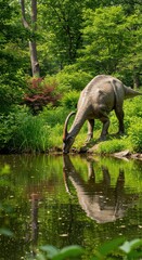 Fototapeta premium A large, light gray dinosaur drinks from a pond, its reflection clearly visible in the still water, amidst lush green foliage and trees.