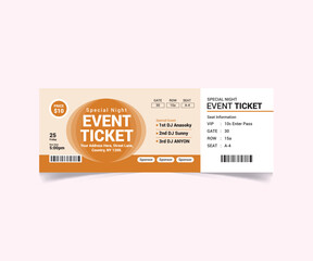 Fototapeta premium Modern event ticket template with barcode, orange and beige concert pass vector, professional admission voucher for special night shows
