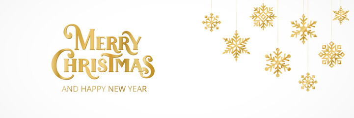 Gold Merry Christmas lettering with swirl elements. Hanging golden glitter snowflakes, winter garland decoration. Great for Christmas and New year banners, seasonal invitations, posters, social media.
