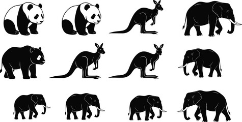 Naklejka premium Panda bears, kangaroo silhouettes, elephant outlines, wildlife animals, nature icons, black and white animal vectors, exotic animal illustrations, wildlife collection, safari animals, animal shapes.