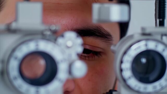 Eye Exam Patient looking through Phoropter with Optometry Clinic.
