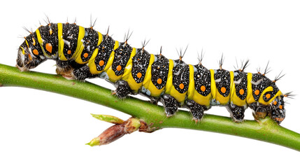 A detailed close-up of a vibrant caterpillar perched on a green stem, showcasing its distinctive yellow, black, and orange markings against a white isolated background.