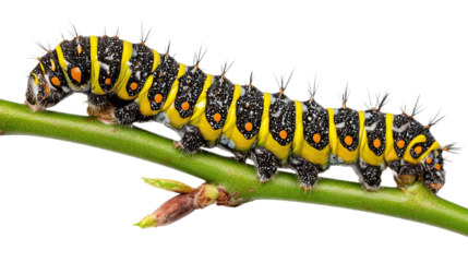 A detailed close-up of a vibrant caterpillar perched on a green stem, showcasing its distinctive yellow, black, and orange markings against a white isolated background.