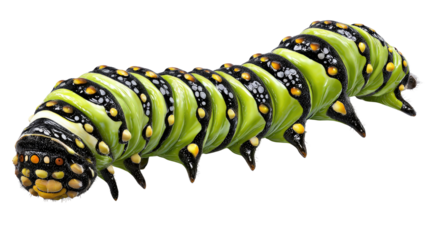 A detailed image of a vibrant green caterpillar on a white isolated background, showcasing its unique patterns and textures.