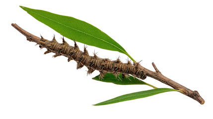 A unique, brown caterpillar resting on a green leaf, showcasing intricate textures and details against a white isolated background.