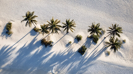 Shadows of Serenity: An aerial view captures a grove of palm trees casting long shadows over the smooth, sandy landscape, creating a pattern of light and shadow. Peaceful, sunny scene.