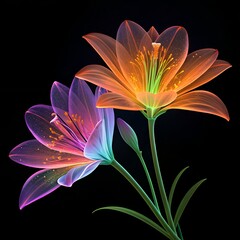 Fototapeta premium Colorful Neon Lily Flowers on Black Background – Glowing Digital Art of Transparent Petals, Abstract Botanical Design, Futuristic Floral Illustration, Vibrant Nature Artwork