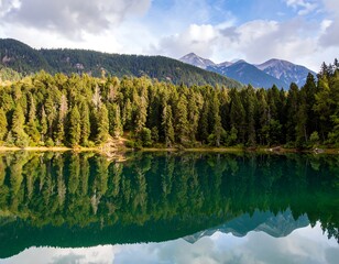 Tranquil alpine lake reflecting the forest