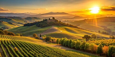 Fototapeta premium Sunset over rolling hills and vineyards with golden light illuminating the landscape, serra san quirico
