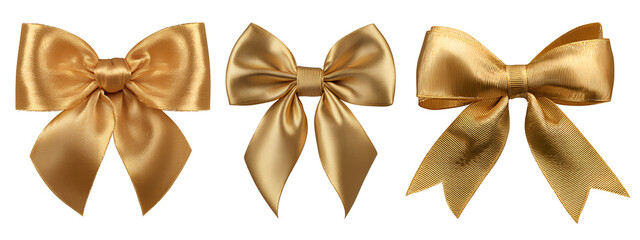 gold bow ribbons, three different styles, isolated on a Transparent background PNG