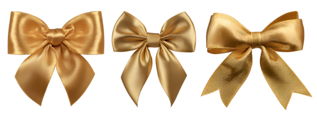 gold bow ribbons, three different styles, isolated on a Transparent background PNG