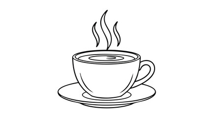 Enjoy a delicious steaming hot coffee, a classic morning cup on a saucer, black and white design