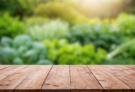 Vegetable garden with fresh green plants and empty wooden table in front, organic farming background for food, eco, and product design.