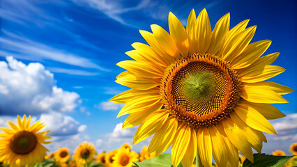 Obraz premium Yellow sunflower close up with blue sky summer brightness