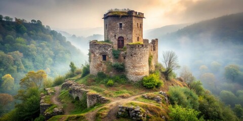 Ancient stone fortress with weathered brown and grey cobblestone or brick tower surrounded by overgrown vegetation, standing alone in a misty landscape, nature scenery, brown cobblestone tower